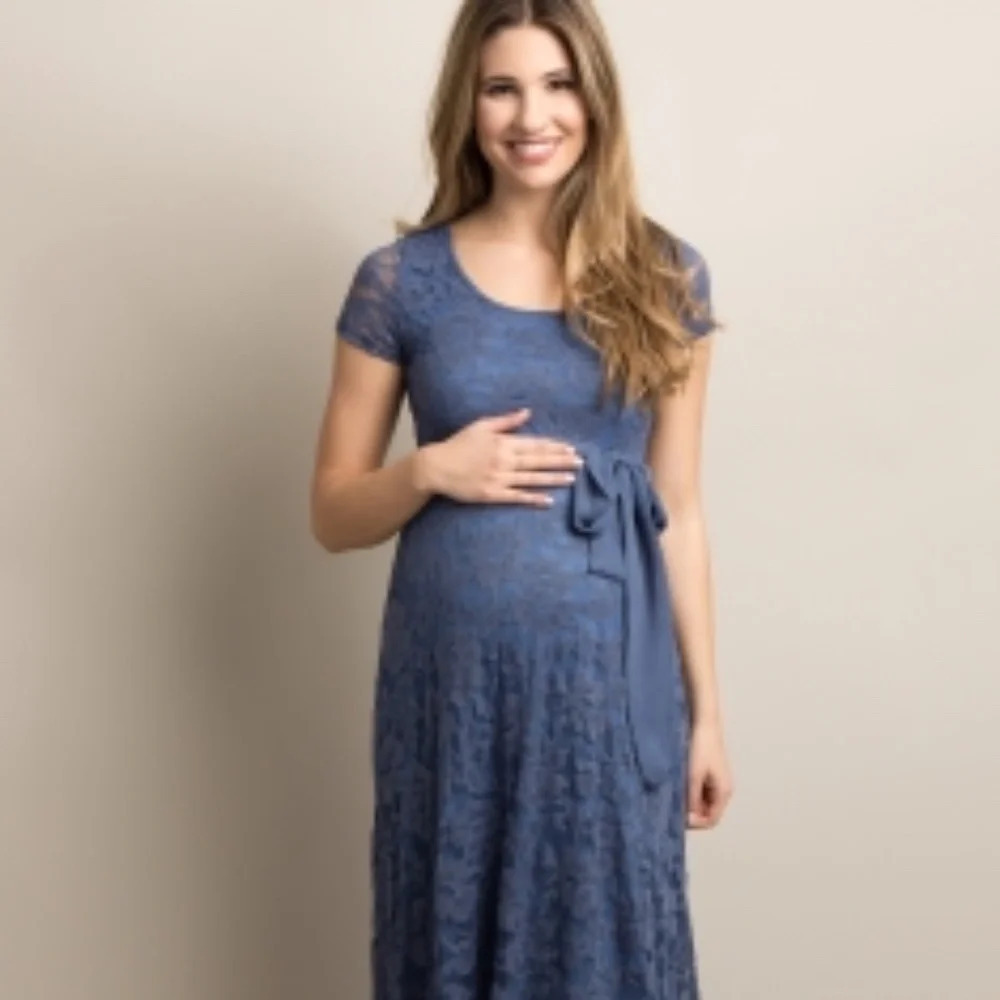 NEW Pinkblush Blue Lace Sash Tie Maternity Gown